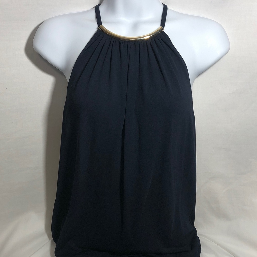 Michael Kors Black Halter Camisole with Gold Bar Neckline, Size Med.